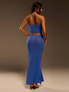 Athîral Bộ đồ nữ dệt kim dáng suông vai lệch, thích hợp cho kỳ nghỉ hè, gồm áo và chân váy, kiểu dáng thường ngày. - Màu xanh lam - Xem 6