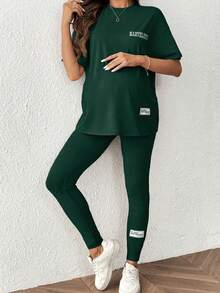 SHEIN 2pcs Maternity Letter Print T-Shirt And Leggings Set - Dark Green - View 4