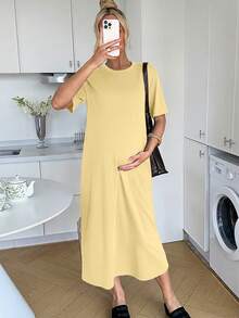 SHEIN Đầm ngắn tay dáng rộng màu trơn, thoải mái dành cho bà bầu, thích hợp mặc hàng ngày vào mùa hè. - Màu vàng - Xem 9