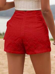 Glamine Rok Lilit Samping dengan Bordir Lubang Kancing untuk Wanita di Musim Panas - Merah - View 2