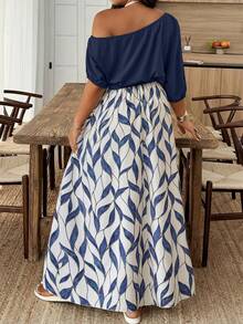 Weeklong Plus Size Women's Asymmetric Shoulder Tie-Waist Floral Print Dress - Multicolor - View 2