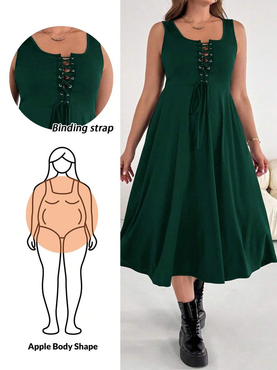 SHEIN Essnce 大码女式休闲连衣裙，太阳裙，秋季中长款内搭连衣裙，系带连衣裙，休闲女装，夏季新款时尚休闲胸前交叉绑带U领背心A字下摆连衣裙 - 墨綠色 - 查看 1