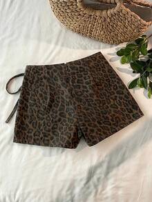 Comfortcana 女士休闲豹纹侧系带牛仔短裤，夏季 - 棕色 - 查看 3