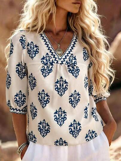 Louniche Áo sơ mi nữ cổ chữ V tay phồng in hoa, kiểu dáng thường ngày.