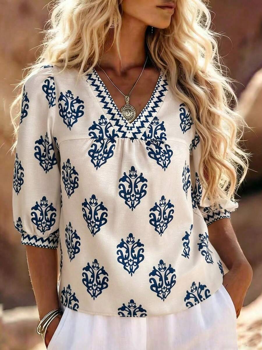 Louniche Women's Floral Print V-Neck Lantern Sleeve Casual Shirt - Apricot - View 1