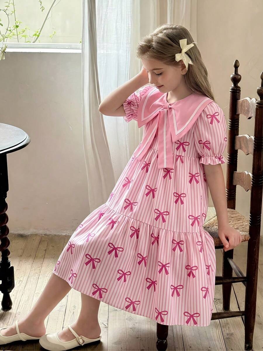 SHEIN 少女休闲可爱蝴蝶结水手领短泡泡袖连衣裙,适合外出、度假 - 粉色 - 查看 1