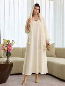 Yasmyna Women Summer Al-Adha Cream 3D Floral Embroidered Maxi Dress,Elegant V-Neck Long Sleeve Arabic Abaya,Modest Flowy A-Line Spring Wedding Guest Gown - Apricot - View 5