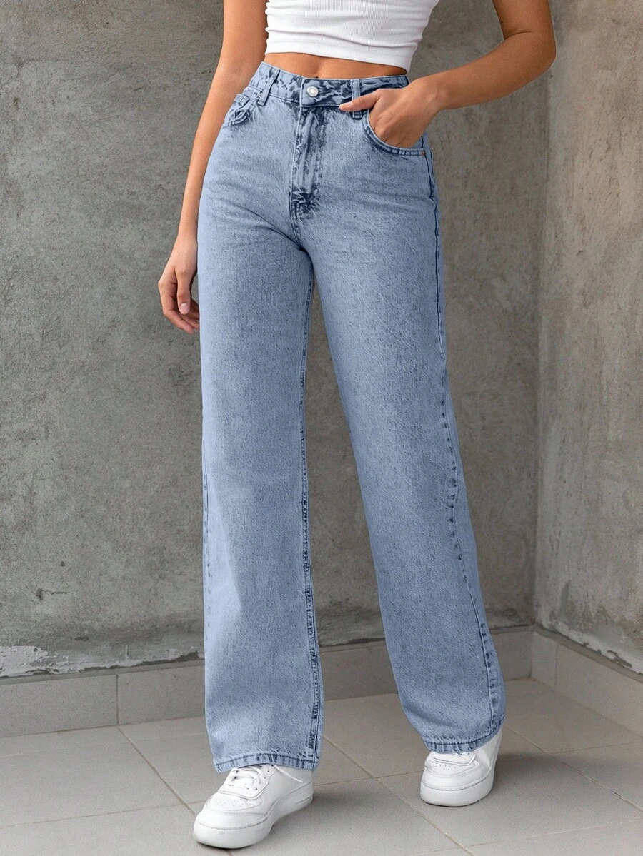 EURMUSE 100%Cotton Bleach Wash Straight Leg Jeans - Dusty Blue - View 1
