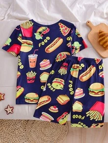 SHEIN Boys' Black Minimalist Video Game Print Snug Fit Short Sleeve Top And Shorts 2 Pieces Pajama Set - Multicolor - View 2