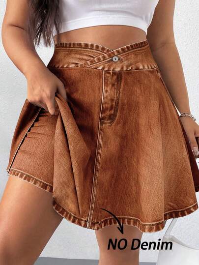 Elenzga Plus Size Women's Fashionable Casual Light Blue Faux Denim Print High Waist Slimming Shorts Skirt, Stretchy And Non-See-Through, Suitable For Sports, Outdoor Running And Daily Casual Wear