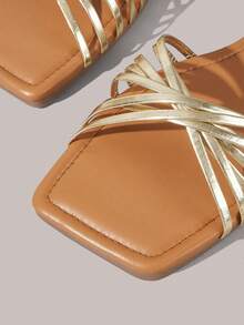 Styleloop Women Shoes Classic Simple Fashion Women's Square Toe Minimalist Strap Combination Flat Sandals Vacation Style Commuter Outdoor Summer Vacation Shoes Summer Shoes - Gold - View 4