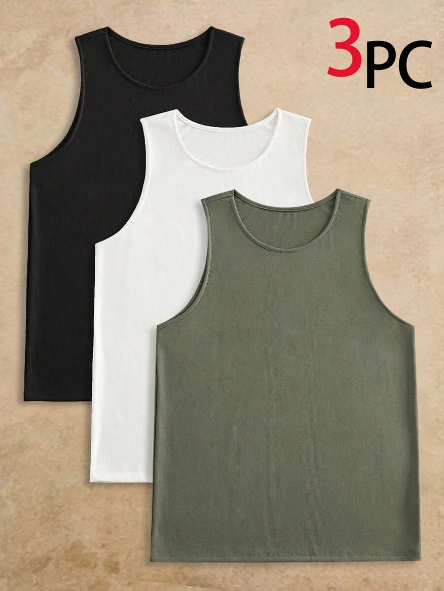 Mainfolk 3 Pcs Men's Tank Tops,Summer Casual Gym Muscle Tee,Loose Fit Round Neck Sleeveless Shirts,Army Green Solid Black White Undershirt, Daily Wear - Multicolor - View 1