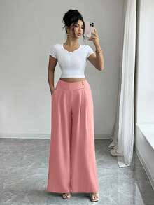 Elenzga Women's Dusty Pink,Summer,Elegant,Brunch,Office High-Waisted Gold Button Flared Leg Pants,Urban Fashion Light Blue Trousers For Wedding,Gala,Commute - Pink - View 3