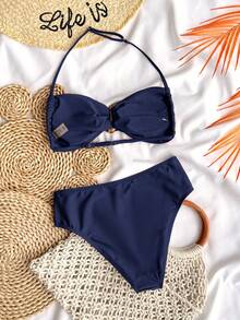 SHEIN 适合青少年女孩的纯色无肩带系带金属饰品比基尼套装，夏季泳装套装/沙滩女孩装/两件式泳衣/青少年比基尼套装 - 藏蓝色 - 查看 2