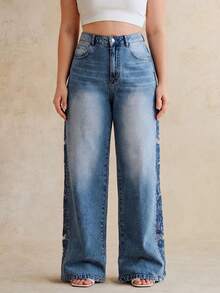 Anewsta Quần jeans nữ cỡ lớn, sang trọng, gợi cảm, khoét eo, thêu họa tiết, thích hợp cho Ngày của Mẹ, tiệc tùng lãng mạn, kỳ nghỉ, mùa xuân/hè. - Màu xanh lam - Xem 4