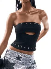 Airlisse 女士新款无肩带镂空铆钉Y2K性感休闲上衣，春夏款 - 黑色 - 查看 4