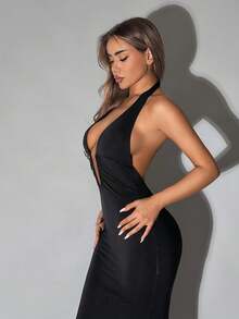 SHEIN ICON 女士纯色深V领修身连衣裙，带钢圈 - 黑色 - 查看 3