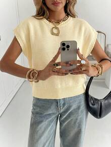 Siren Gaze Women's Solid Color Round Neck Short Sleeve Casual Loose Knit Top - Light Yellow - View 3