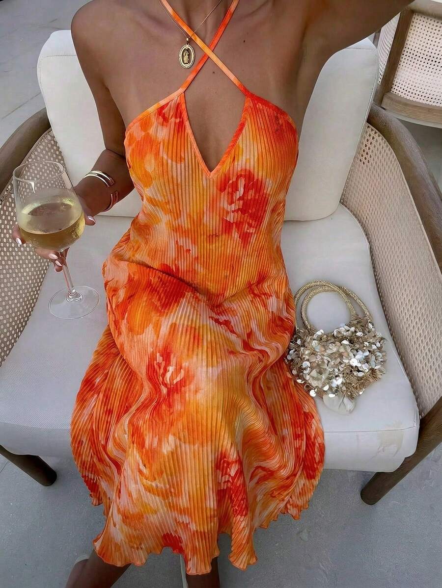 Aloruh 新款春夏露背吊带褶皱印花连衣裙，优雅性感度假风，适合婚礼宾客、海滩度假等场合，橙色印花连衣裙，黄色印花连衣裙，女士夏季连衣裙，女士夏季沙滩连衣裙，女士夏季穿搭