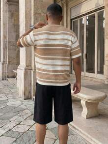 RivetRise Men's Casual Colorblock Striped Hollow-Out Knit Top, Spring/Summer Beige Men Outfit Summeroutfit - Khaki - View 3
