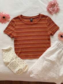 Comfortcana Colorful Striped Knit Fitted Women T-Shirt - Rust Brown - View 3