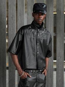 NEON BLANC Men's Fashion Metal Buckle Decor Short Sleeve Shirt - Black - View 4