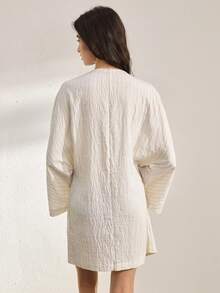 Ocili 舒适天然亚麻条纹和服睡袍（女士款） - 米色 - 查看 3