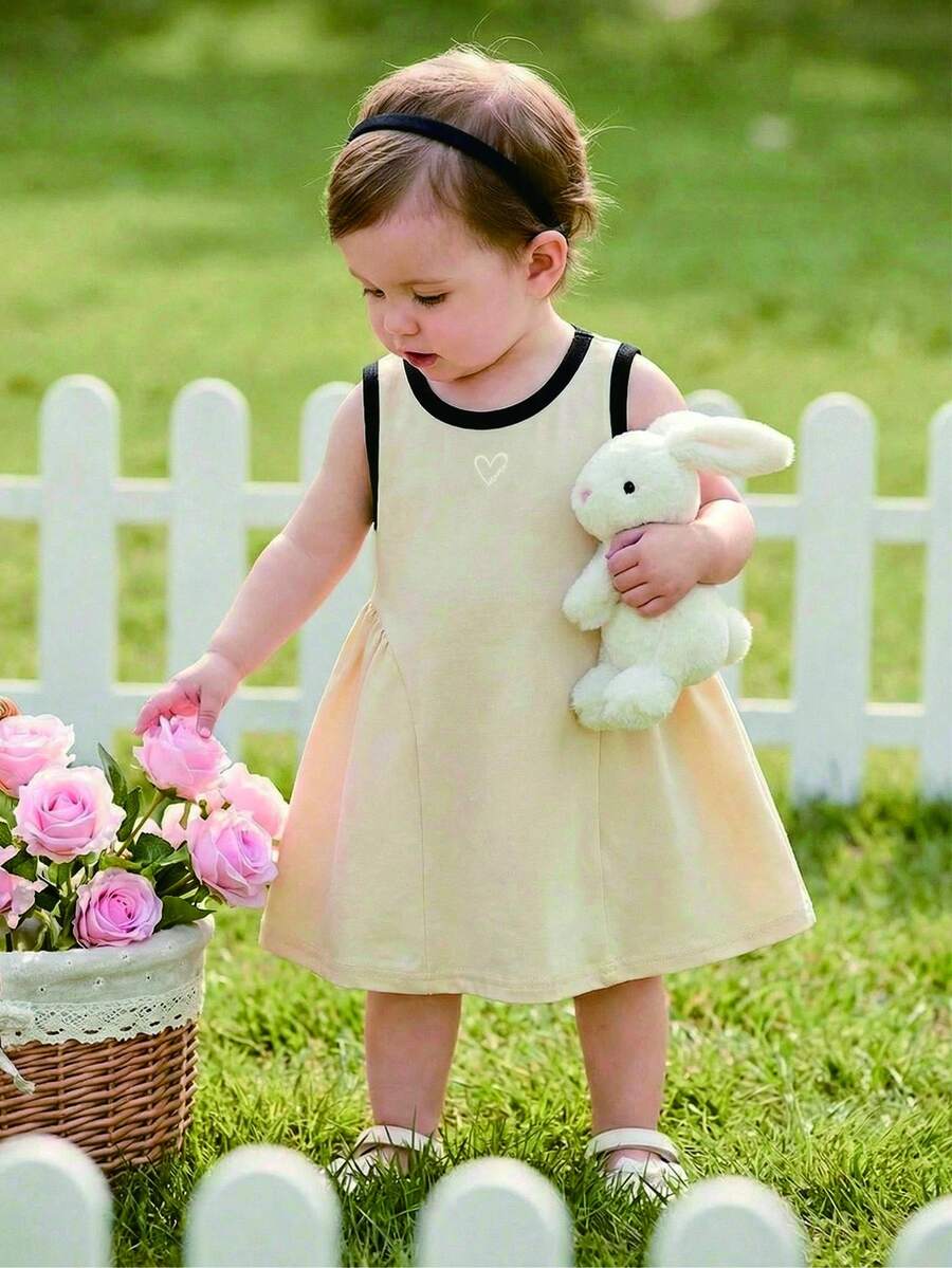 Souflis Souflis Vestido Casual Esportivo de Tricô Branco Creme para Bebê Menina, Emenda Assimétrica em Contraste de Cor, Adequado para Brincadeiras de Verão, Casa, Férias, Doce e Fofo - Damasco - Visão 1