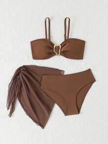 SHEIN Teen Girls' Swimsuit Black Bikini Three Pieces Beachwear - Khaki - View 5