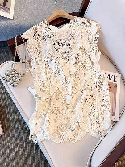 GlowEve CURVE Fashionable & Elegant White Hollow Embroidered Sleeveless Top, Vacation Style For Plus Size Women