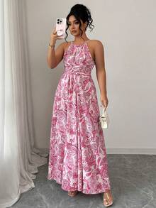 Elenzga Vestido de mujer de talla grande sin mangas con tirantes de espagueti, cintura ceñida y dobladillo acampanado con estampado floral - Multicolor - Ver 4