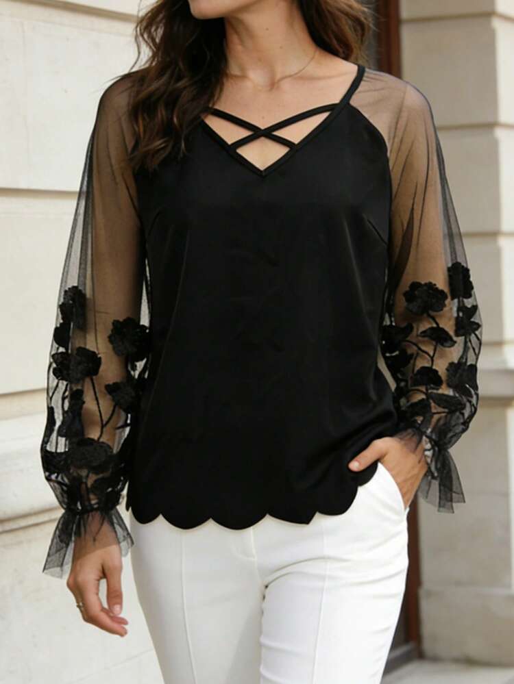 Selamara Women's Floral Patchwork Mesh Splice Long Sleeve Top, Suitable For Autumn - Black - View 5