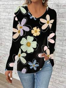 EMERY ROSE Áo thun dài tay cổ chữ V dáng rộng dành cho nữ cỡ lớn - màu đen - Xem 3