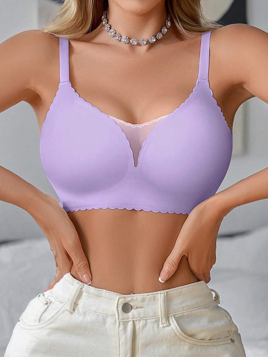 SHEIN 1pc Seamless Mesh Patchwork Solid Color Ruffled Adjustable Wireless Removable Padded Bra For Women - Lilac Purple - View 1