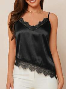 Amorya Camiseta de satén sólido asimétrica con aplicación de encaje, elegante para mujer, uso casual al aire libre para primavera y verano - Negro - Ver 3