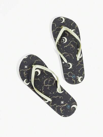 Grefit Women's Flip-Flops, Dream Star And Moon Pattern Printed Slippers, Seaside Vacation Beach Shoes, Home Daily Walking Soft-Soled Slippers