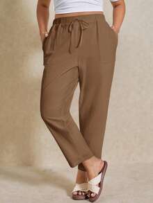 Elaquor Plus Size Women Casual Pants With Eye Embroidery Pockets - Camel - View 6
