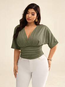 Auralis Plus Size Sexy Solid Deep V-Neck Cinched Waist T-Shirt, Summer - Red Violet - View 8