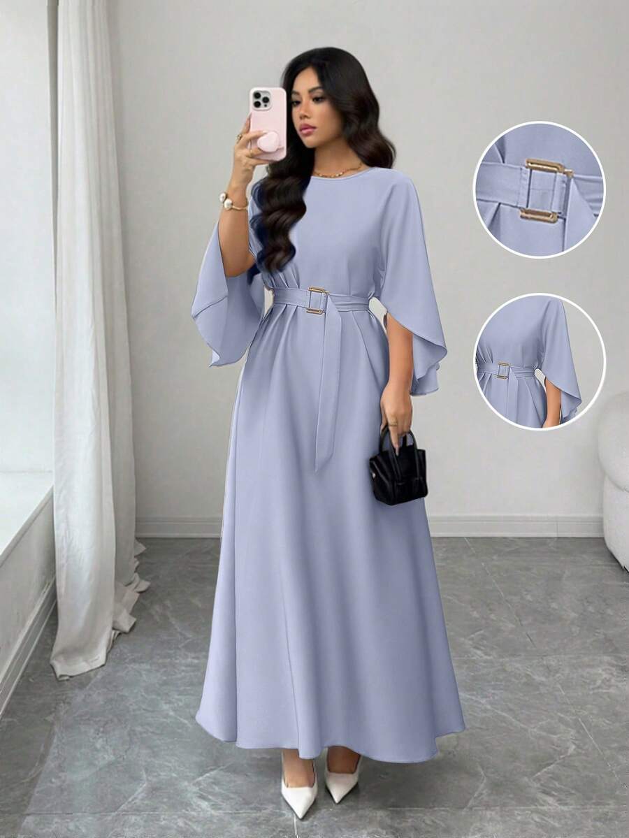 SHEIN Raffinéa 女士优雅精致通勤休闲蝙蝠袖收腰连衣裙，卡其色，春夏款 - 藍色 - 查看 1