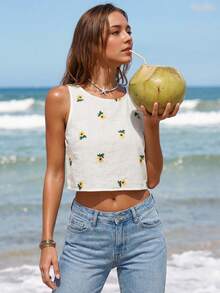 Swim Vcay 花卉刺绣背心 图案 T 恤 女式上衣 - 白色 - 查看 5