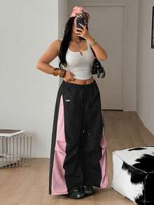 Coolane 大码撞色阔腿裤 - 黑色 - 查看 2