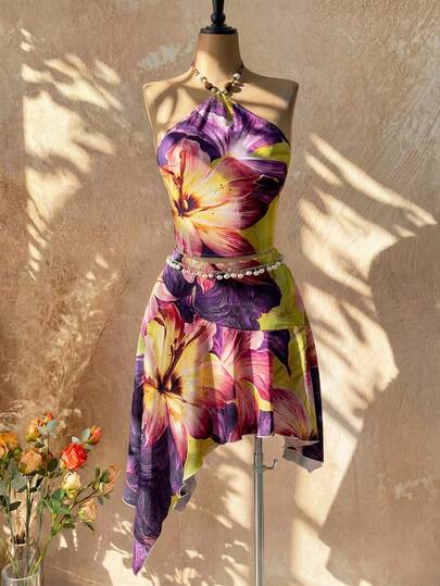 Femesol Bộ đồ 2 mảnh dành cho nữ, gồm áo hai dây dệt họa tiết hoa màu xanh lá cây phối hạt nhựa, kiểu dáng bất đối xứng, thời trang cho kỳ nghỉ, lễ hội âm nhạc, khu nghỉ dưỡng trên đảo. Bộ đồ 2 mảnh họa tiết hoa dành cho nữ, kiểu dáng hở lưng buộc dây sành điệu.