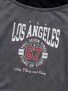 SHEIN 女童休闲二合一街头风T恤，这款T恤采用字母标语和汽车图案印花，露肩短袖设计，适合夏季休闲活动、购物和拍照。 - 灰色 - 查看 5