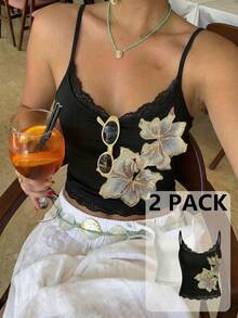 Aloruh 2件套女士夏季休闲复古花卉刺绣拼接蕾丝修身短款吊带背心，花卉刺绣吊带背心，优雅细肩带无袖背心，夏季派对外出上衣 - 彩色 - 查看 3