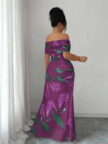 Modelyn Vestido de fiesta de una sola manga con volantes y estampado de malla para mujer de talla grande - Rojo violeta - Ver 2