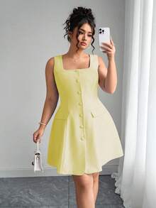 Elenzga Bộ váy áo cardigan cổ vuông màu xanh dương thanh lịch dành cho nữ, có túi giả, cỡ lớn. - Màu vàng - Xem 7