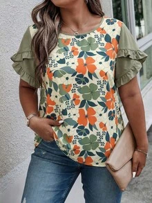 Weeklong Camisa casual de vacaciones con mangas de pétalos, estampada y con bloques de color para mujer talla grande, primavera/verano - Multicolor - Ver 1