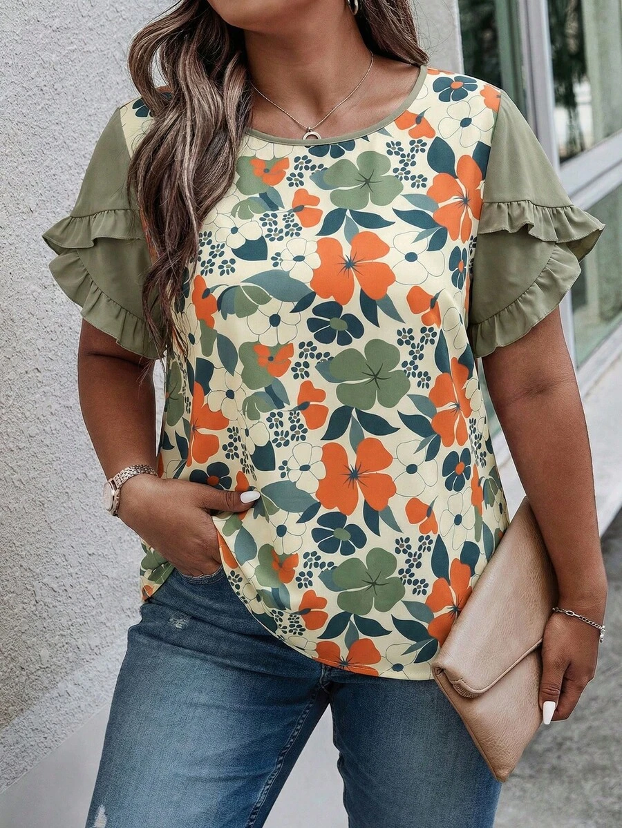 Weeklong Camisa casual de vacaciones con mangas de pétalos, estampada y con bloques de color para mujer talla grande, primavera/verano - Multicolor - Ver 1