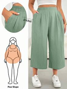 SHEIN Essnce Damen Große Größen Frühling und Sommer Mode Lässig Locker Bequem Kühl Alltäglich Vielseitig Textur Stoff Elastischer Bund Rosa Weite Bein Hose Verkürzte Hose, Damen Unterteil, Fließende Hose, Einfacher Stil, Europäischer Sommer, Caprihose, Urlaubsoutfit Frau - Minzgrün - Übersicht 6