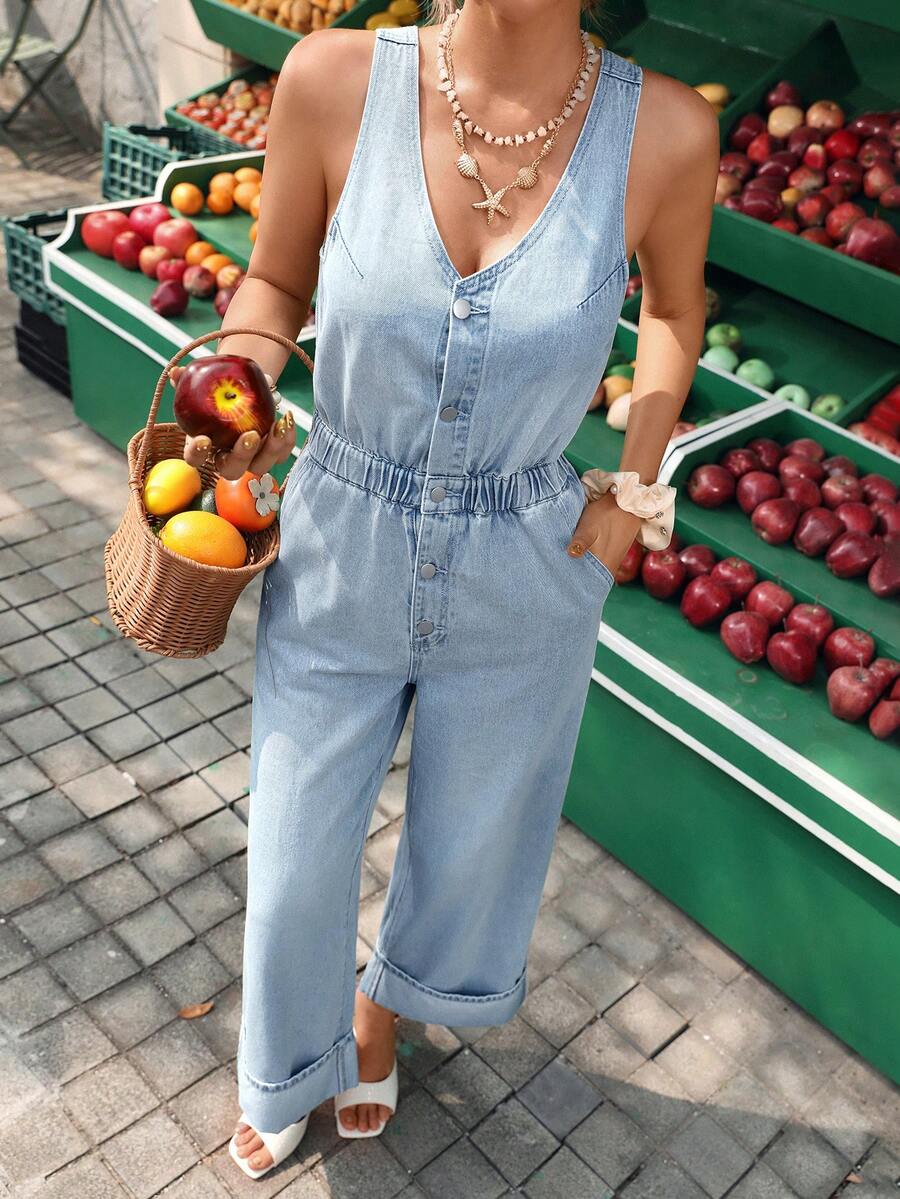 Breezaya Bộ áo liền quần denim hở lưng dành cho nữ, thích hợp cho kỳ nghỉ hè. - Rửa nhẹ - Xem 1